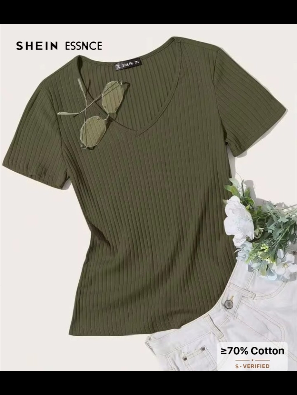 SHEIN Olive Green Ribbed V-Neck Short Sleeve Tee